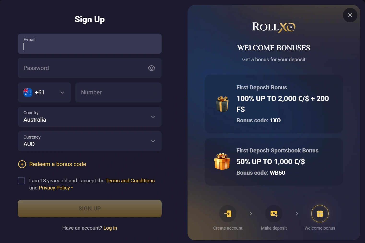 RollXO Casino registering