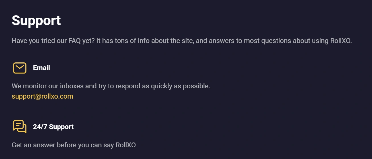 RollXO Casino support channals